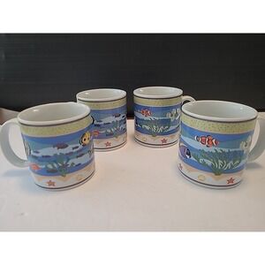 SAKURA CORAL REEF FISH SEA‎ BEACH SCENE COFFEE MUGS 3.75" CLAIR MURRAY SET OF 4